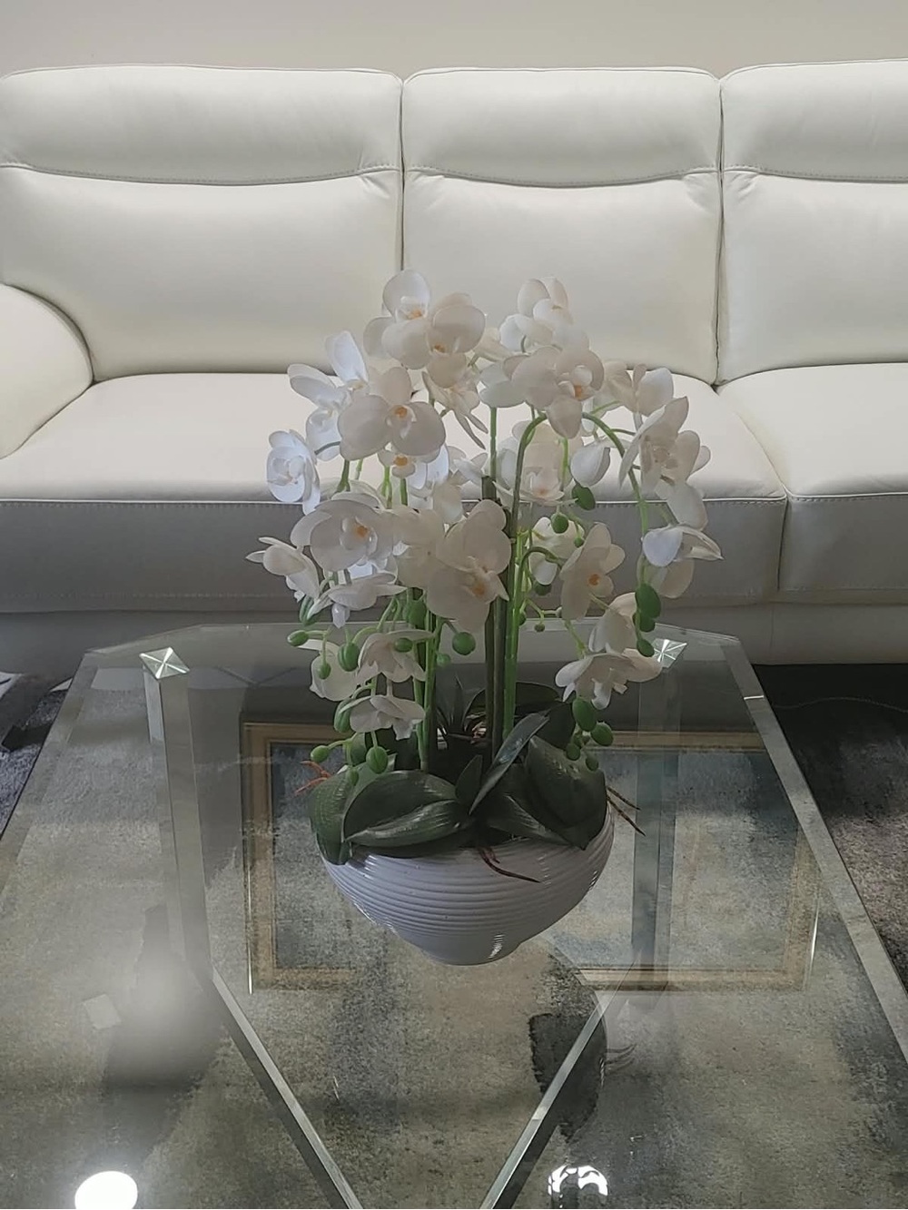 White Phalaenopsis Faux Orchid Arrangement in White Ceramic Planter